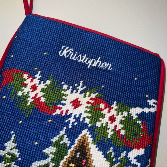 L L Bean Needlepoint Christmas Stocking Snow Cabin Sled "Kristopher" Embroidery - Picture 2 of 6